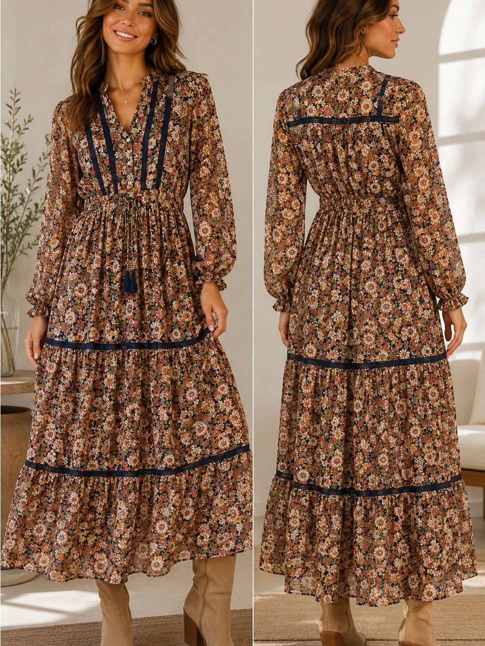 Lost + Wander Brown Floral Tiered Maxi Dress with Navy Trim